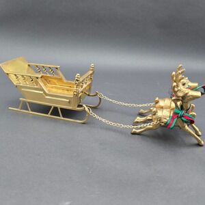 Vintage Solid Brass Reindeer and Sleigh Christmas Centerpiece Decor